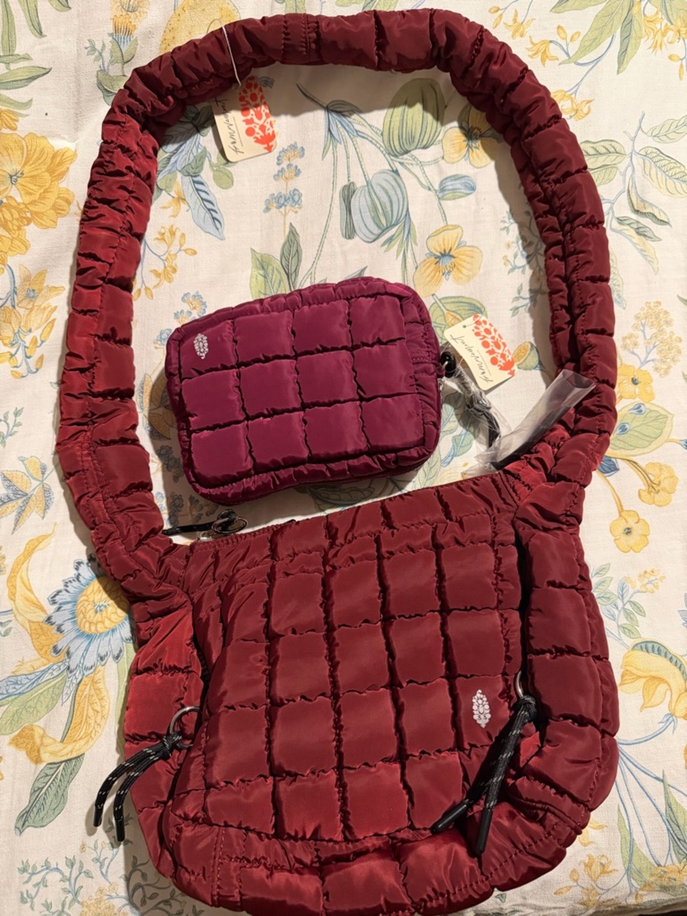 Free People Quilted Burgundy Crossbody Bag with Matching Pouch
